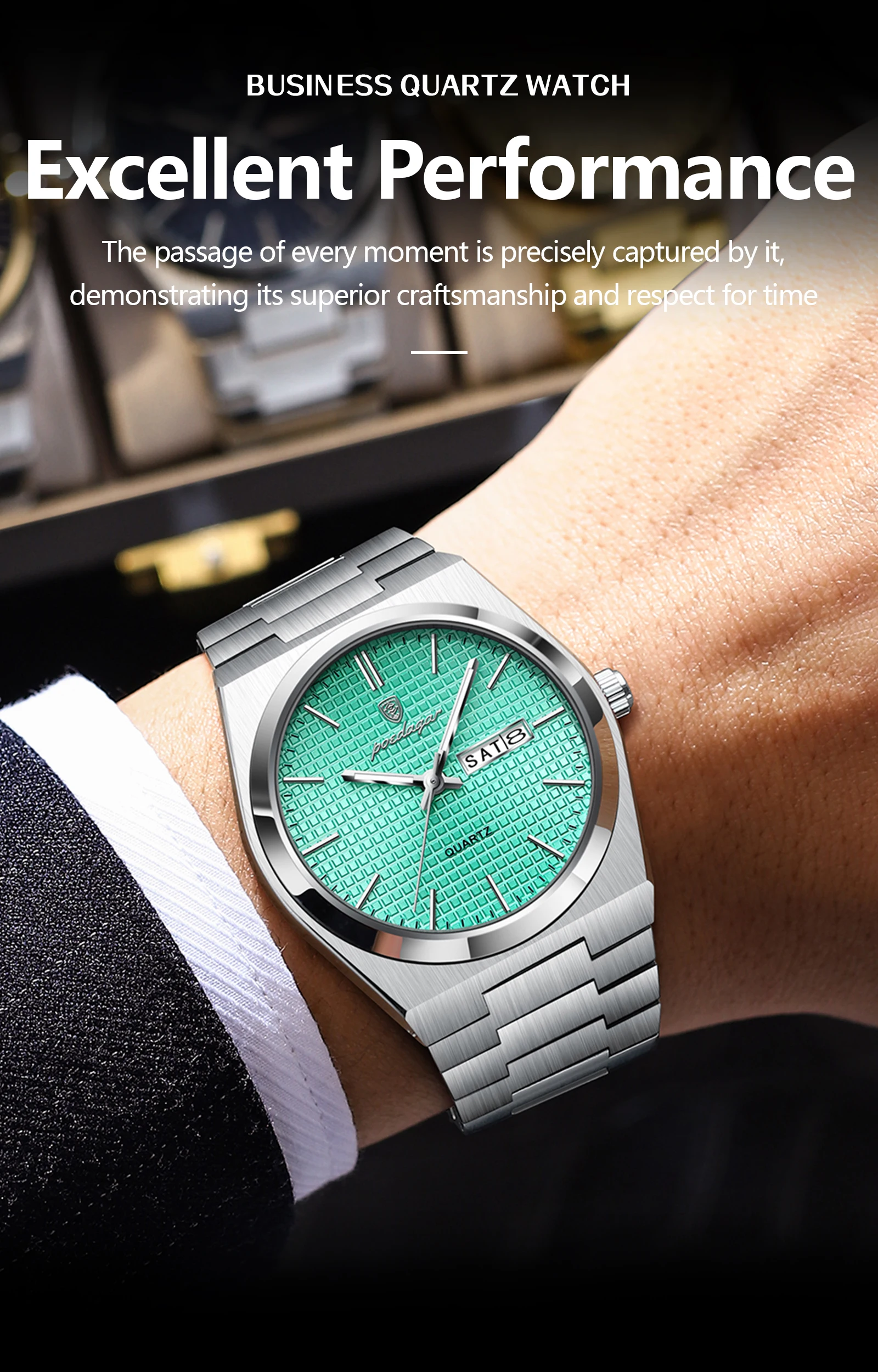 POEDAGAR Top Business Mann Uhr Leuchtende Wasserdichte Edelstahl Männer Armbanduhr Datum Woche Quarz Mode Lässig männer Uhren – Detail 4