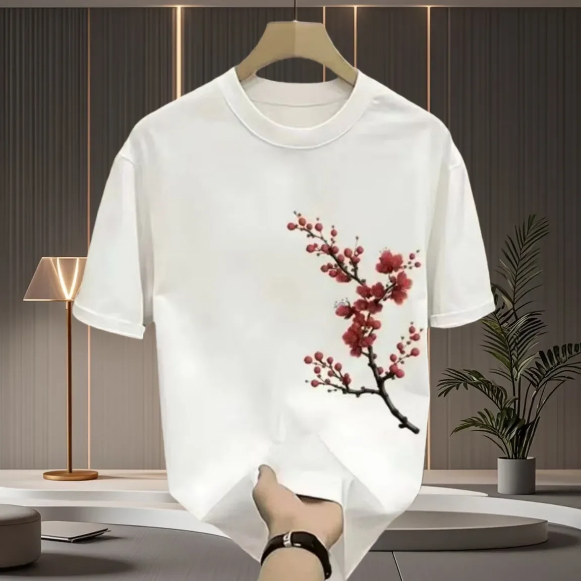 Men's White Round Neck Short Sleeve T Shirt with Plum Blossom Print Chinese Style Casual Tee for Summer Daily Wear — купить у AliExpress WW