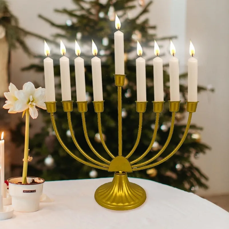 European Retro Hanukkah Candlestick Israeli Holiday Decoration Multi-headed Candle Cup Golden Iron Nine-headed Candle Holder