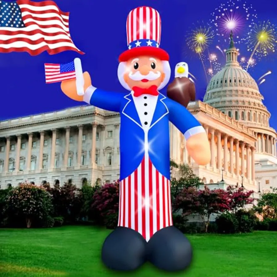 

12FT Independence Day Inflatable Uncle Sam with Bald Eagle Decorations Patriotic 4th of July LED Light Up Blow up Flag for Home