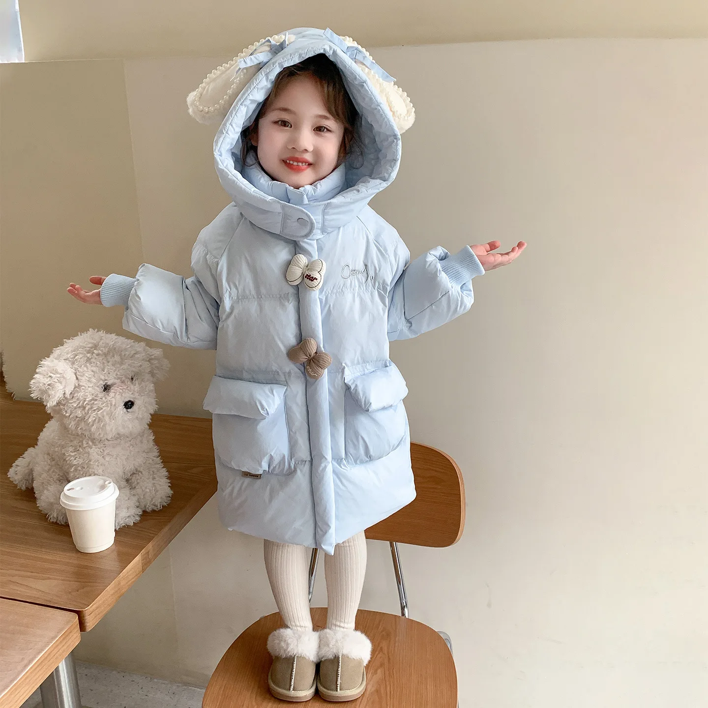 

Infant Baby Girls Down Jacket New Winter Rabbit Hooded Thicken Warm Kids Girls Mid Length Coat Windproof Toddler Girl Bread Coat
