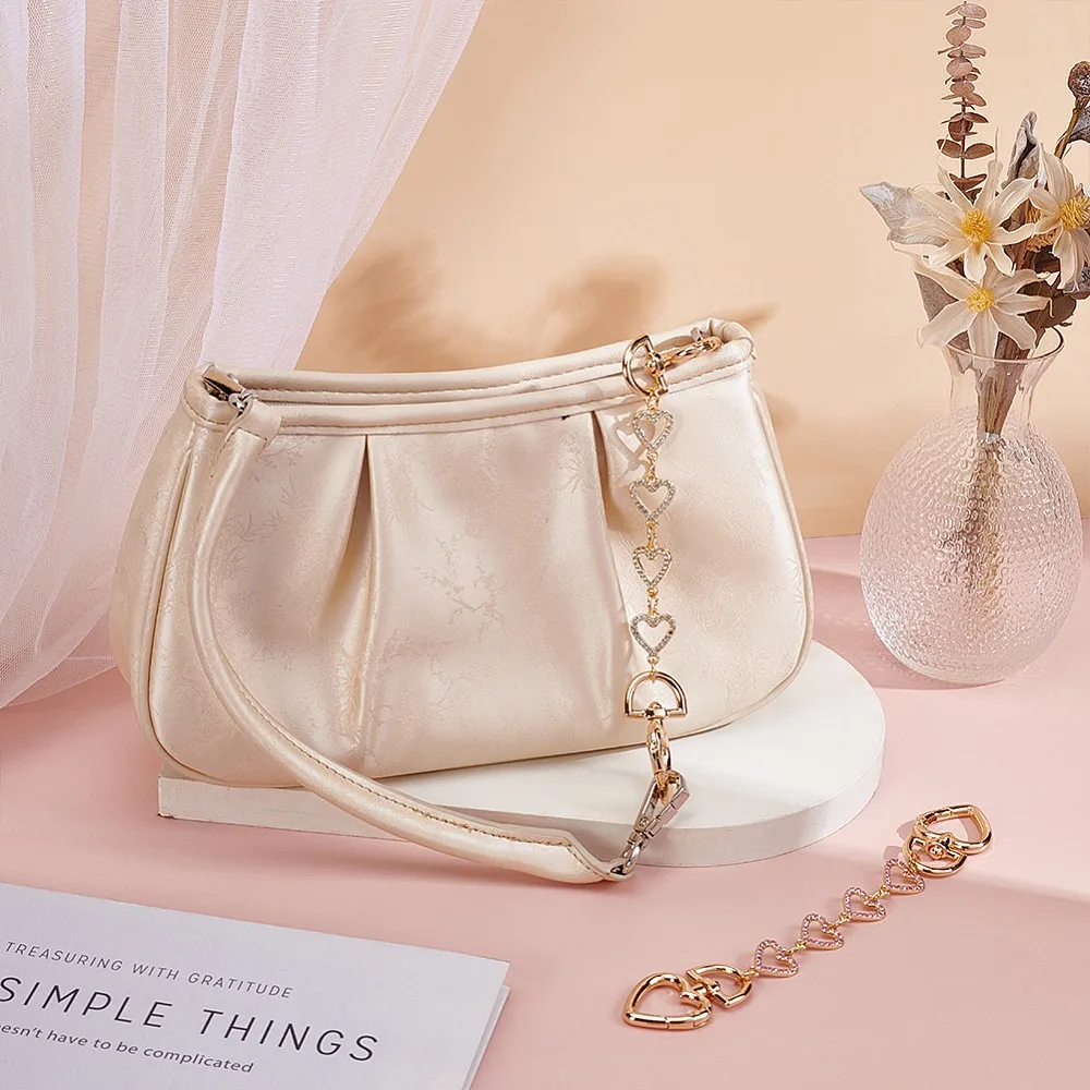 2Pcs 2 Colors Alloy Rhinestone Heart Link Chain Bag Extension Chains with Swivel Clasps Bag Replacement Accessories Light Gold