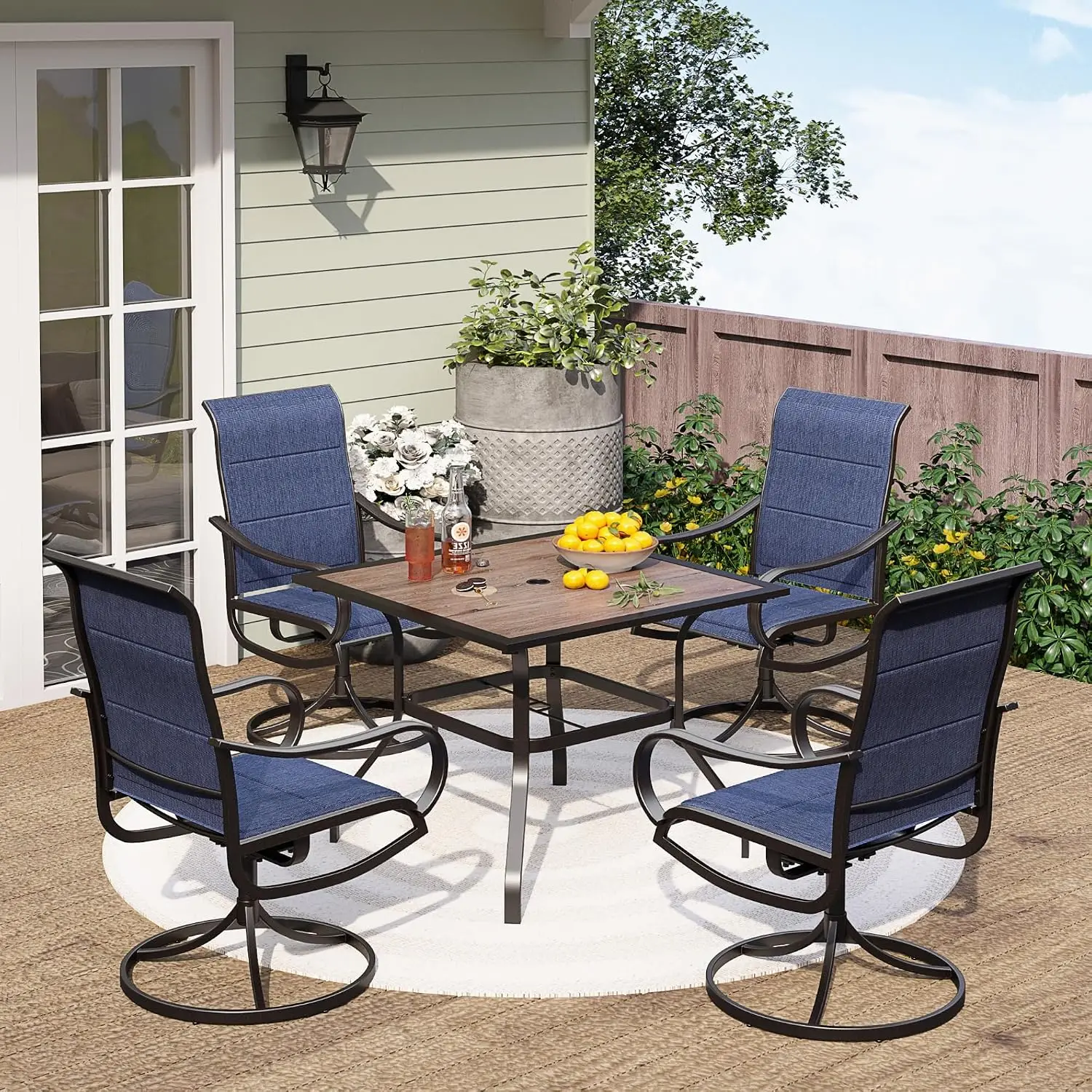 Outdoor Dining Set For 4 W/Square Table & Swivel Chairs, Blue, Customized