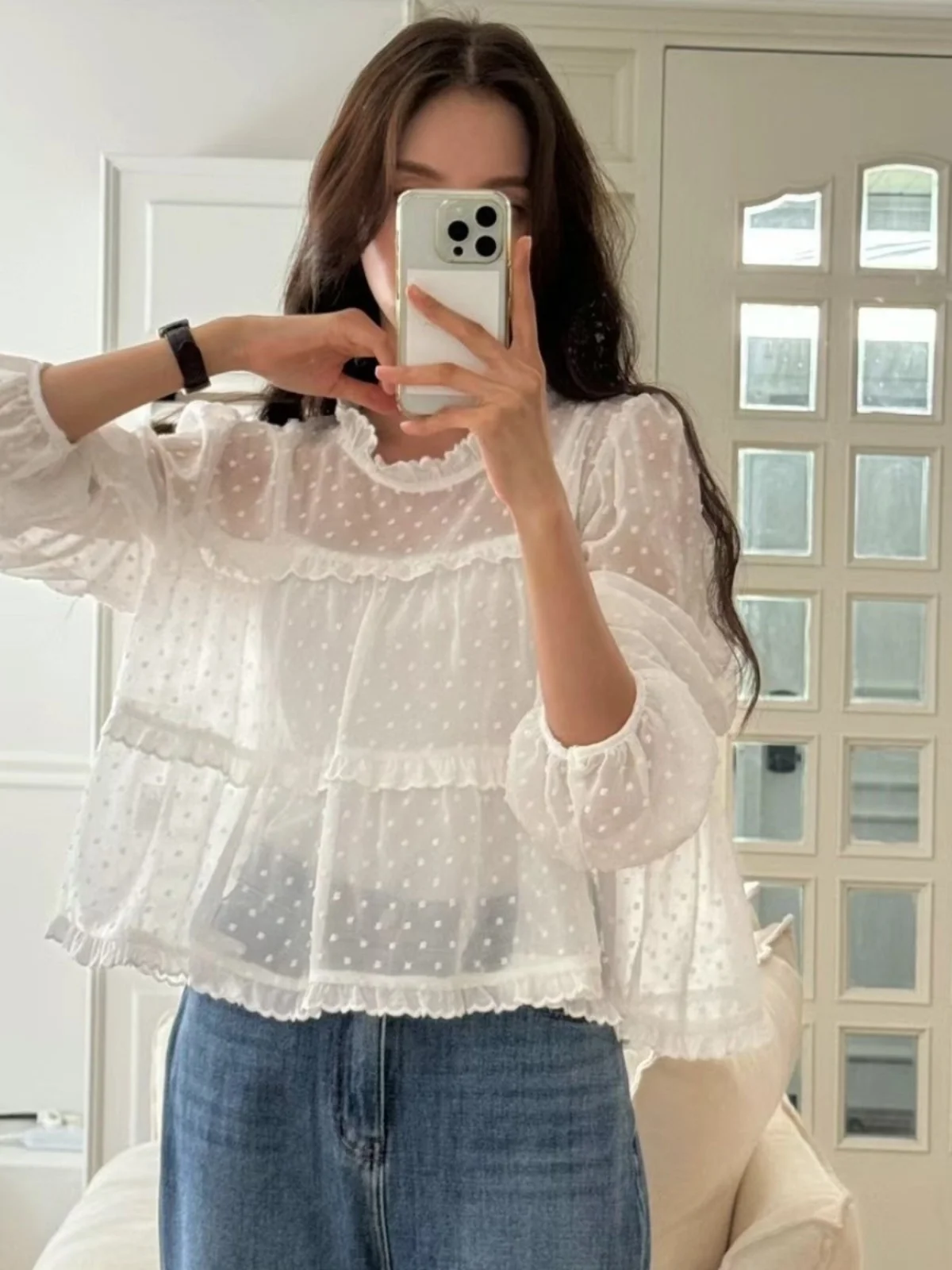 シックなラウンドネック水玉模様長袖シャツレディースインナーウェアトップス春新鮮な若々しい韓国スタイルルーズフィットブラウス