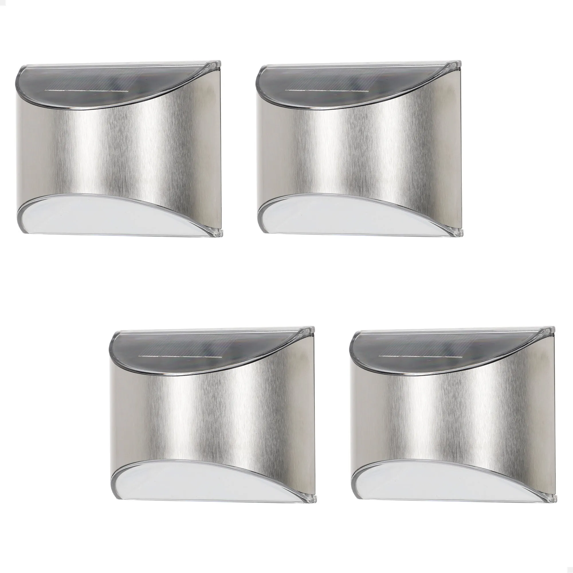 Aktive - Set 4 apliques solares LED 5-10 lúmenes, de acero inoxidable, emiten luz blanca, sin cables, resistentes al agua (IP24), autonomía hasta 8 horas, ideales para paredes de jardín, terrazas y