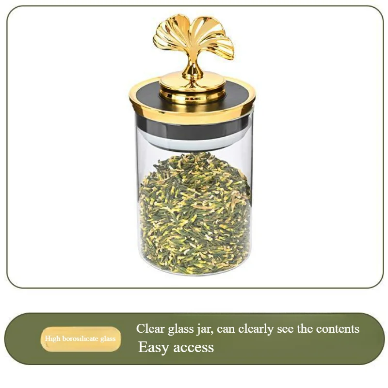 European Luxury Brass Ginkgo Leaf Glass Sealed Jar with Lid Kitchen Moisture-proof Jar Coffee Bean Tea Sugar Jar Food Container