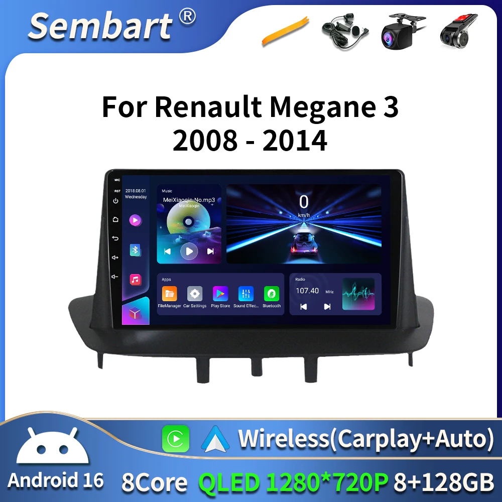 

For Renault Megane 3 Fluence Samsung SM3 2008 - 2014 9“ Android 16 Carplay Car Radio Navigation GPS Multimedia Player wifi+4G