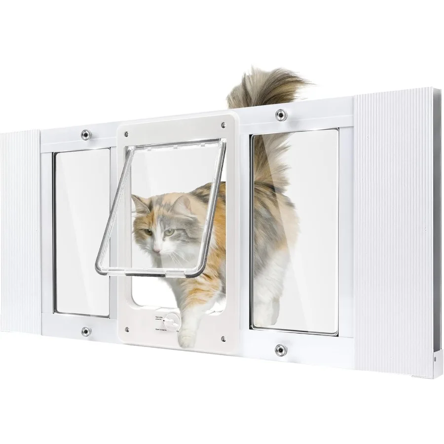 猫や小型犬用のフルサイズ窓ペットドア 幅調整可能 スライド窓に適合 10分で設置 アルミニウムフレーム HD高透明