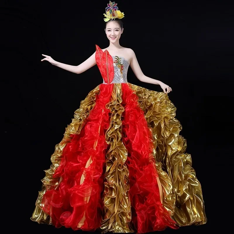 

2026 Atmospheric opening big swing skirt performance large modern dance costume stage with long skirt women 1 piece