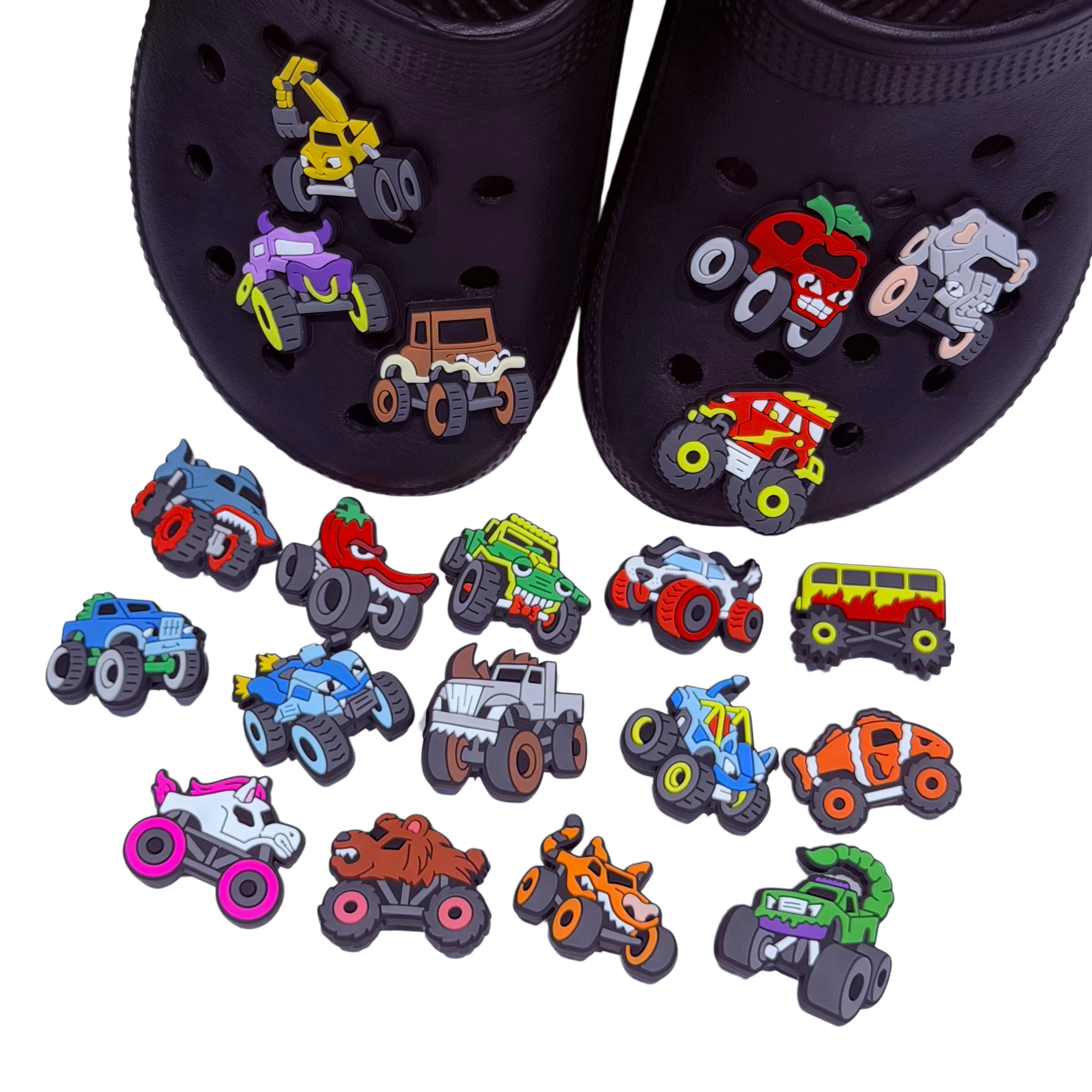 New Arrival 20-100Pcs Monster Cars PVC Shoe Accessories Frog Shark Trucks Adult Sandal Charms DIY Cool Wristband view 3
