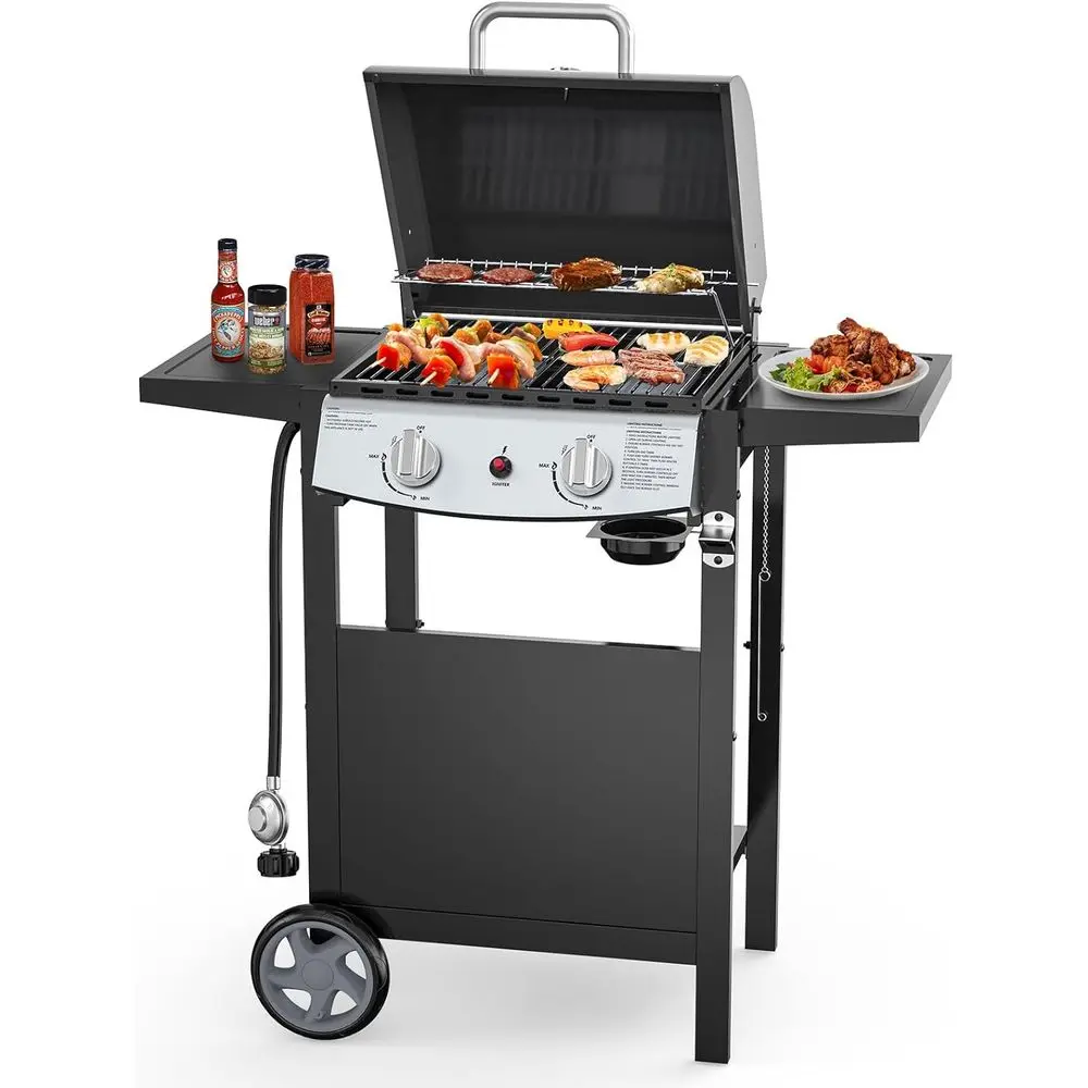 

Гриль-барбекю на пропане с 2 конфорками, гриль из нержавеющей стали емкостью 20 000 БТЕ с боковыми полками и колесами, портативный уличный гриль для патио,