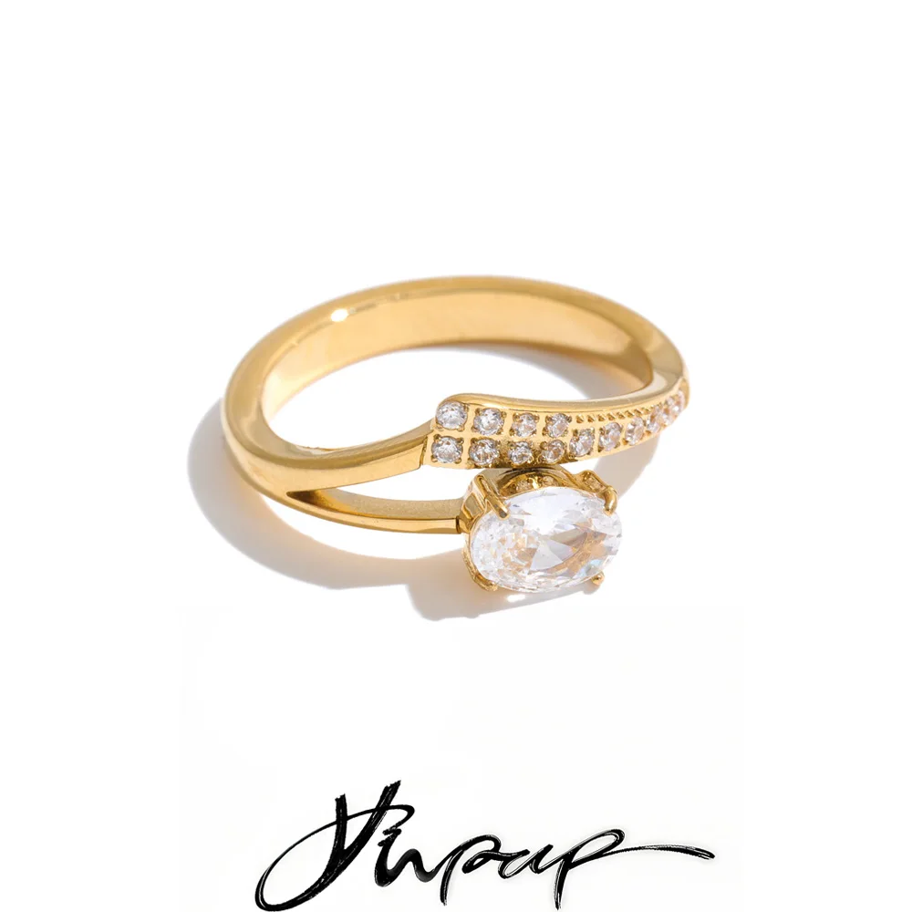Yhpup Size 6789 Stainless Steel Cubic Zirconia Golden Ring New Arrivals Temperament Chic Stylish Jewelry Accessories