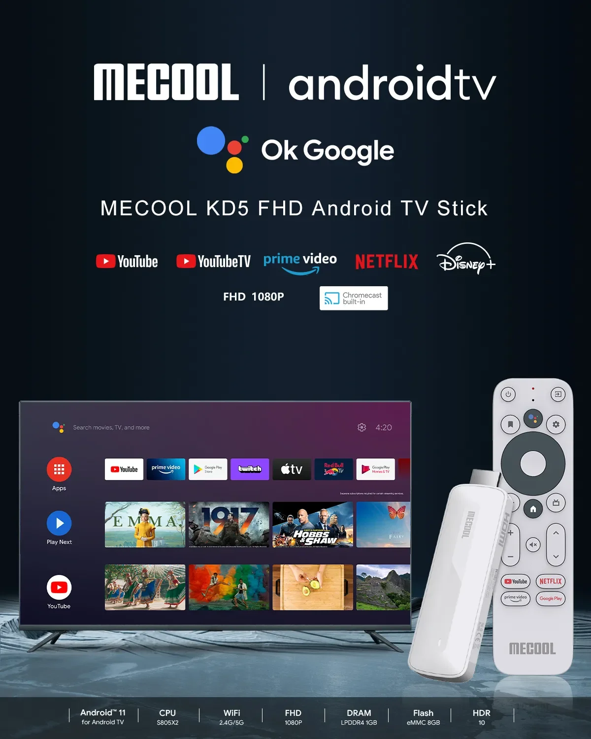 Mecool KD5 pemutar Media Streaming Mini, stik TV pintar HDR10 1GB 8GB WiFi 2.4G 5G