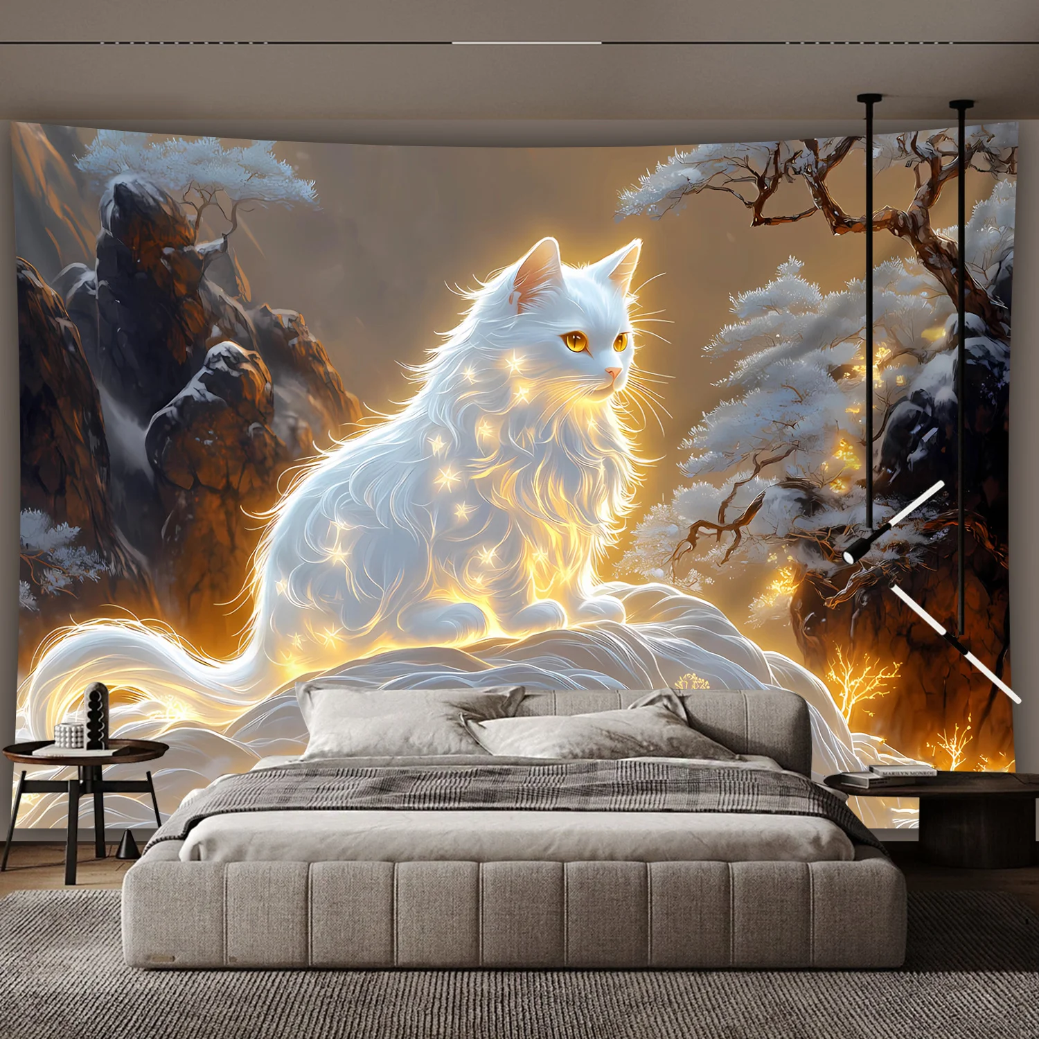 Fantasy Glowing White Cat Tapestry Boho Wall Hanging Mural for Bedroom Living Room Home Decor Art Majestic Forest Digital Print