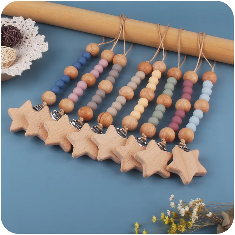 New Wooden Star Teether Clip Prevent Dropping Food-Grade Silicone Beads Baby Pacifier Chain Innovative Design Premium Quality