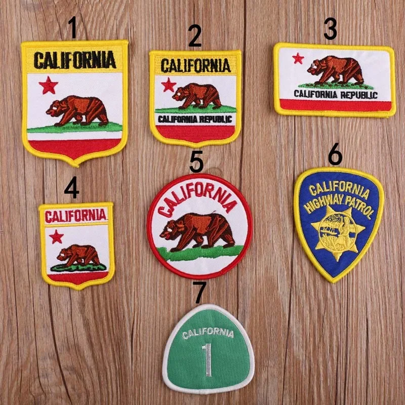 California State Emblem Iron on Patches CA Republic Arm Badges Brown Bear Flag Insignia Highway Patrol Uniform Clothes Appliques