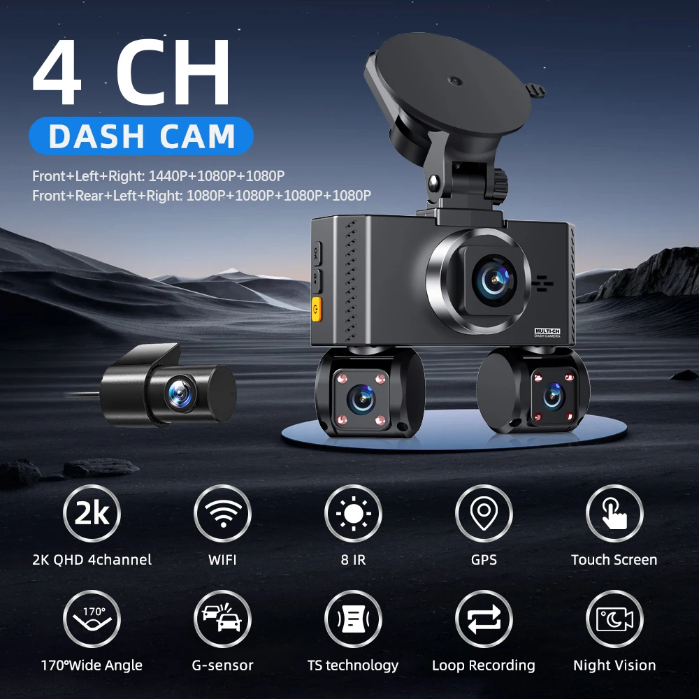 2K QHD 64G 4Channels Dash Cam Built-in WiFi GPS 24H Parking Monitoring Car DVR G-Sensor Loop Recording Night Vision Black Box
