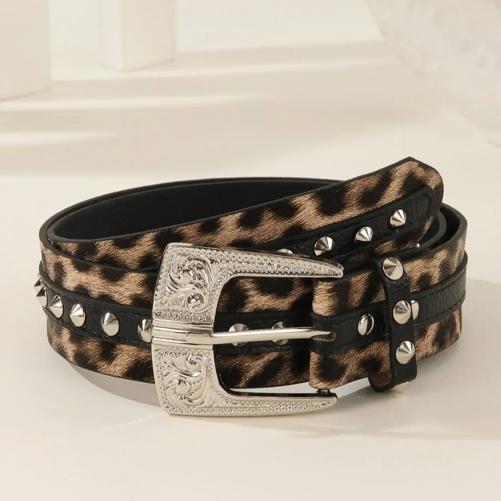 Pin Buckle Leopard Print Belt Rivet Decor Engraved Design Waist Belt Metal Rivets Antique Silver Buckle PU Leather Belt