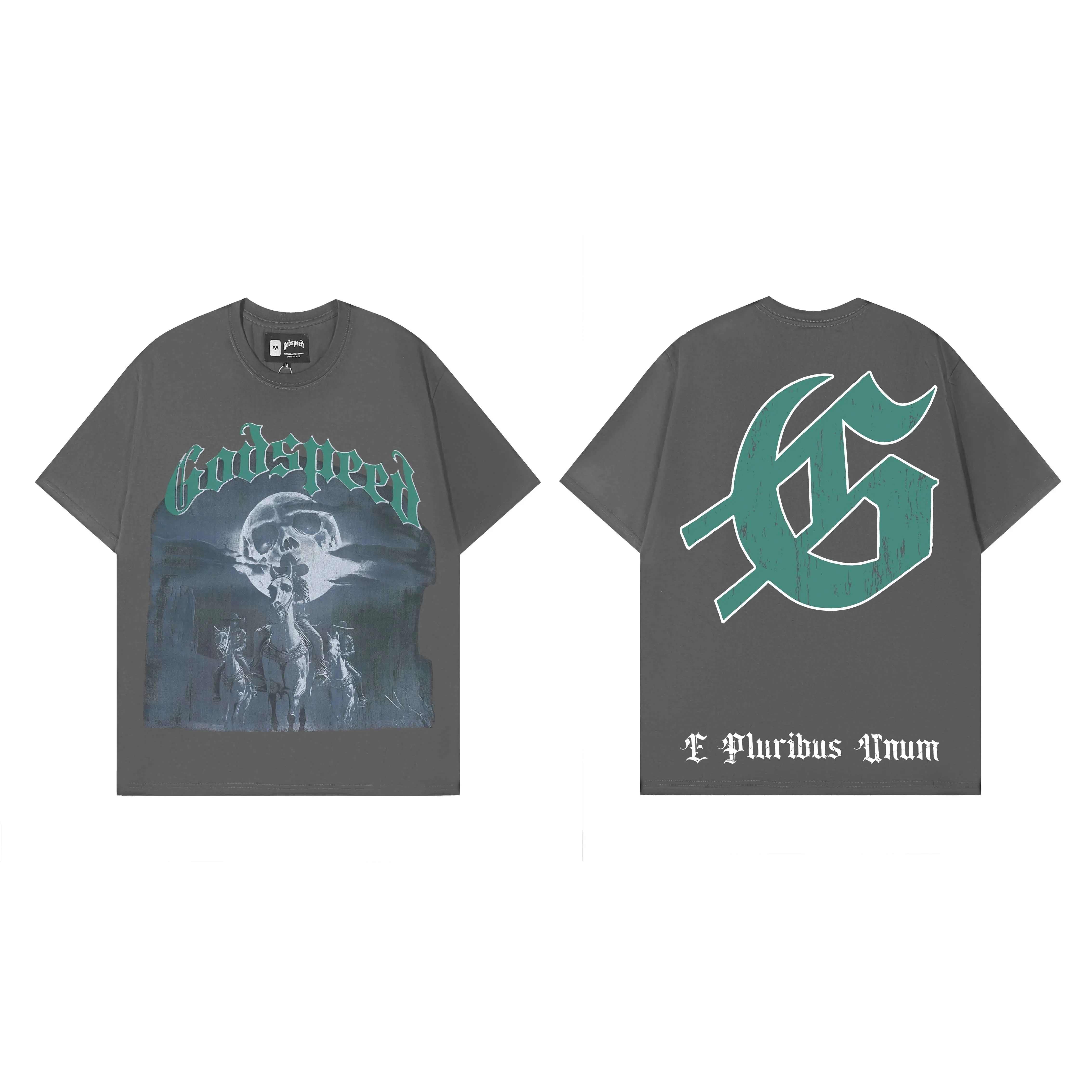 Godspeed American Retro Skeleton Print High Quality Cotton Short Sleeve T-Shirt Street Style Pure Cotton Youth Fashion T-Shirt