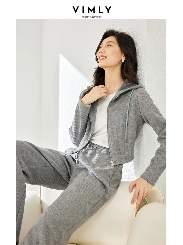 Vimly Two Piece Women\'s Sports Suit Gray Outfits Crop Hoodie Jacket Sweat Pant Sets 2024 Spring Sweatsuit Female Clothes M3862