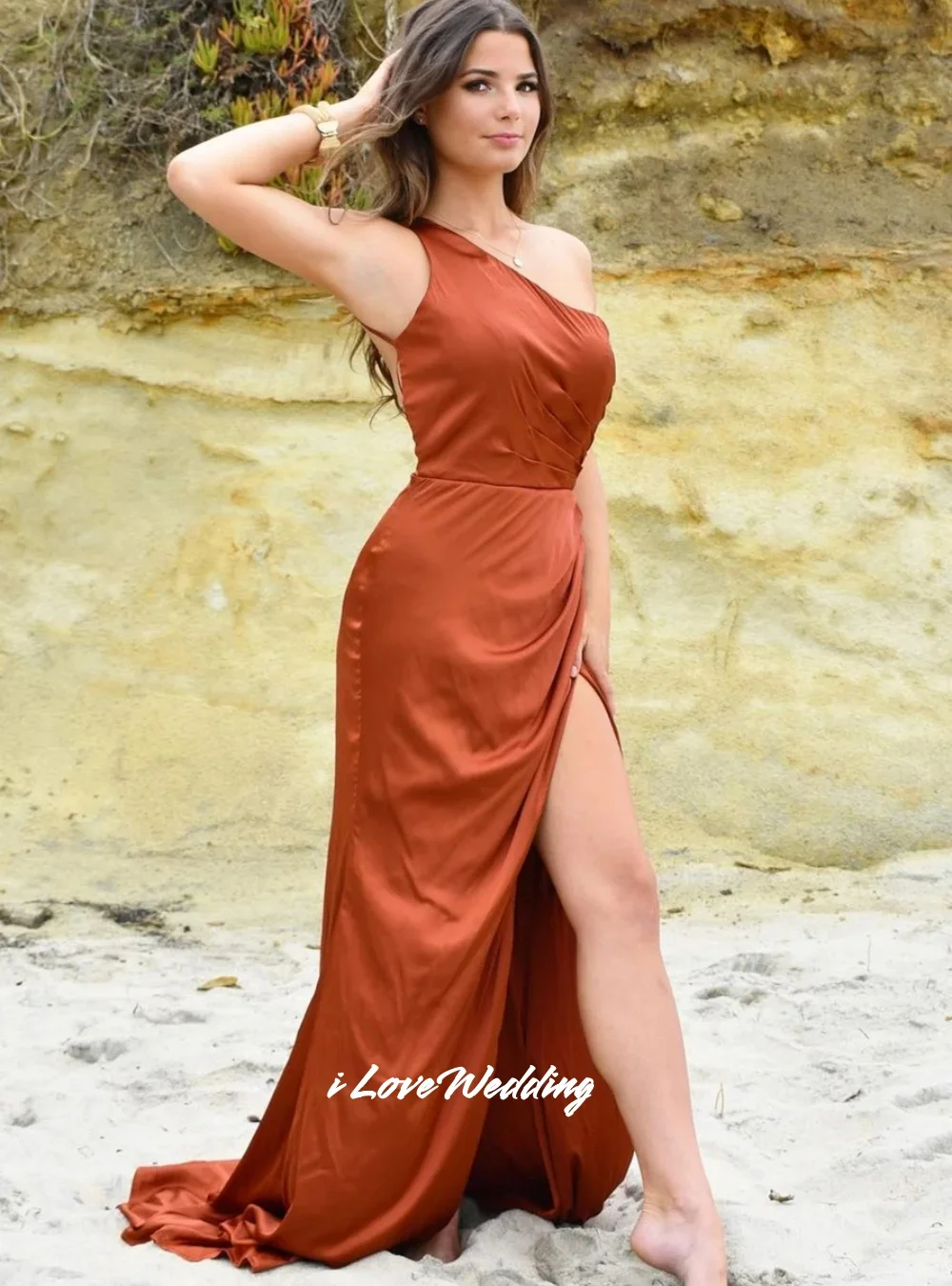 

Orange One Shoulder Evening Dresses 2025 Satin Sleeveless Mermaid Backless Side Split Floor-Length Pleated Party Dress Customize