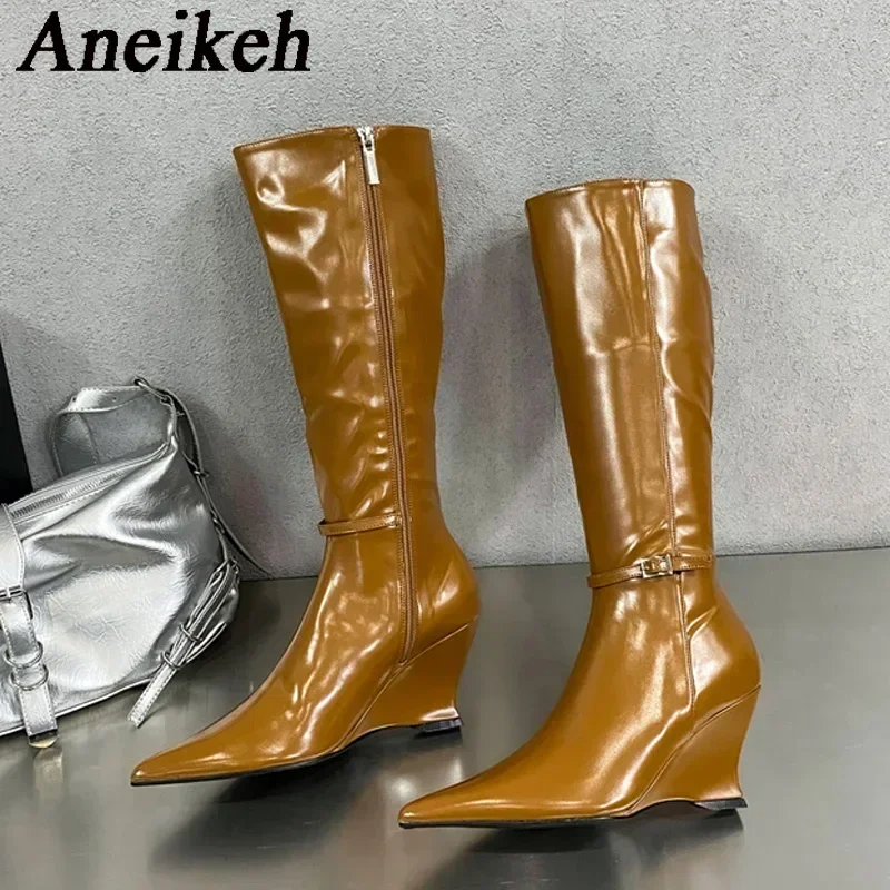 Aneikeh Patent Leather Wedge Heel Long Boots High Cut Fashion Women's Pointed Belt Buckle High-heeled Side Zipper Design Shoes