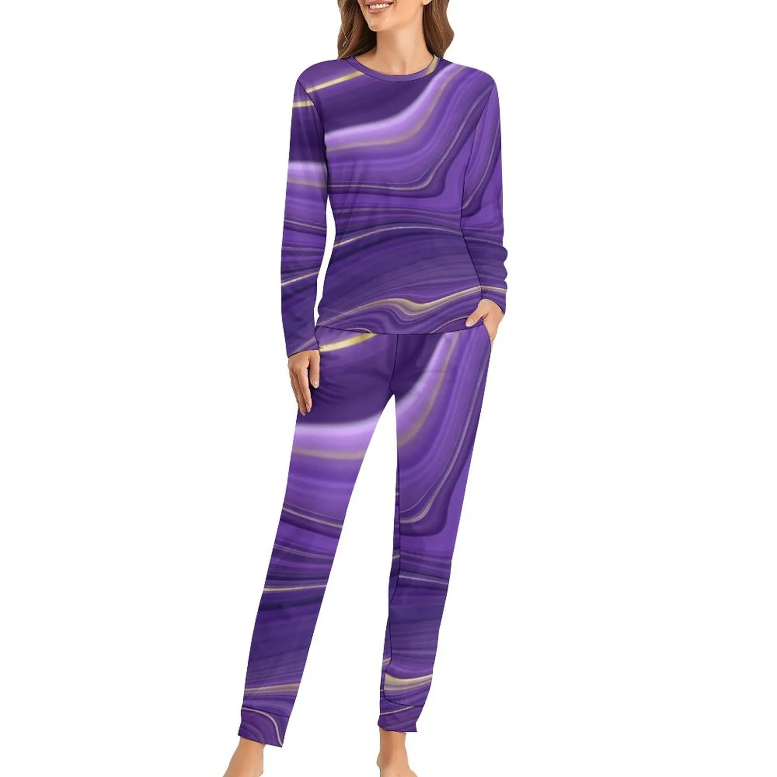 Purple Marble Pajamas Abstract Liquid Romantic Pajama Set Lady 2 Pieces Sleep Oversize Design Sleepwear Gift