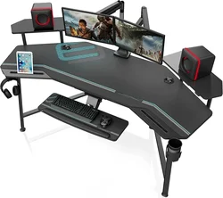 Wholesale RGB Wing-Shaped Studio Desk With W Keyboard Tray Monitor Stand Dual Headphone Hanger Cup Holder Black Gaming Desk