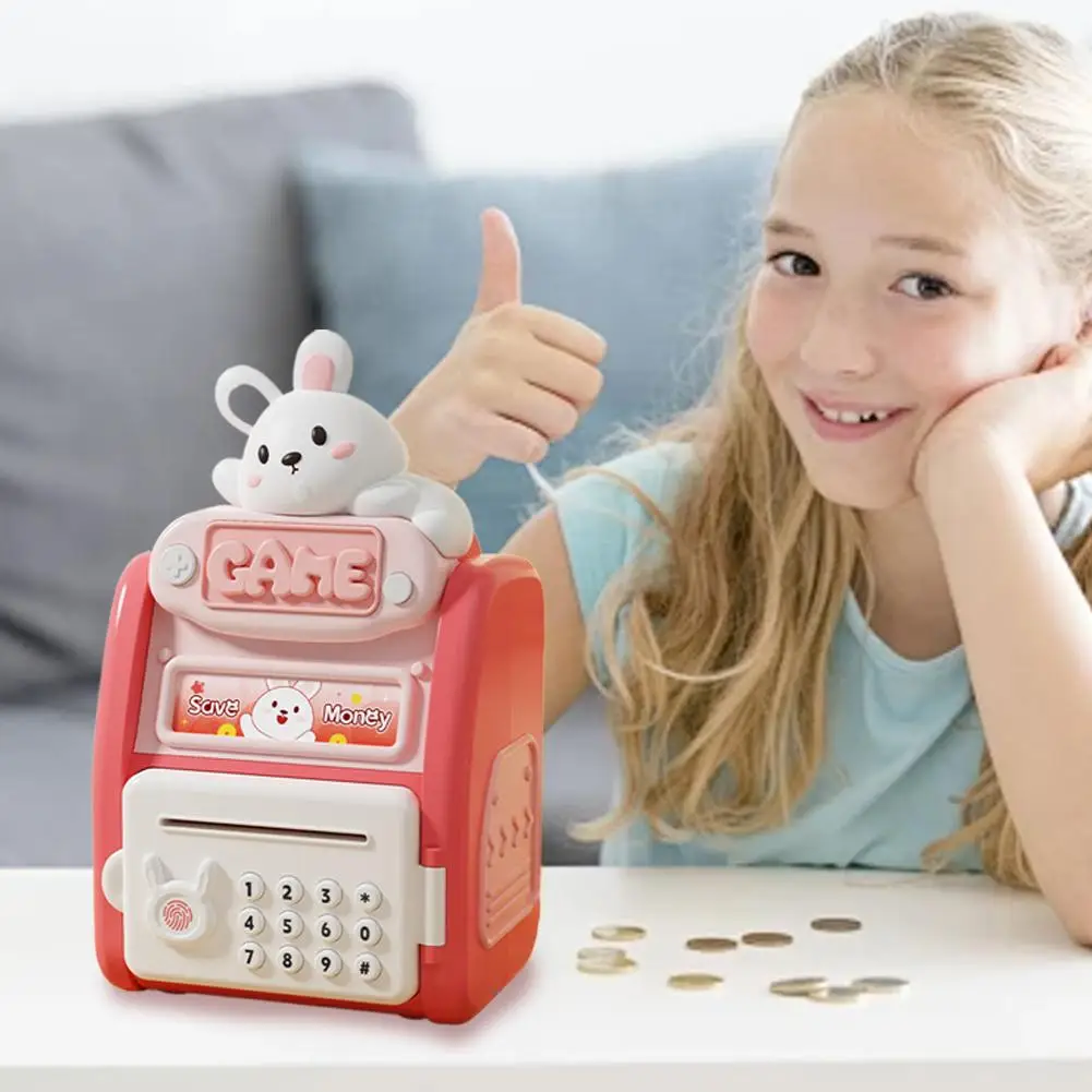 Urocza skarbonka w kształcie zwierzaka, wielofunkcyjna, realistyczna skarbonka na hasło z odciskiem palca, automatyczne zwijanie monet z realistycznym efektem dźwiękowym.