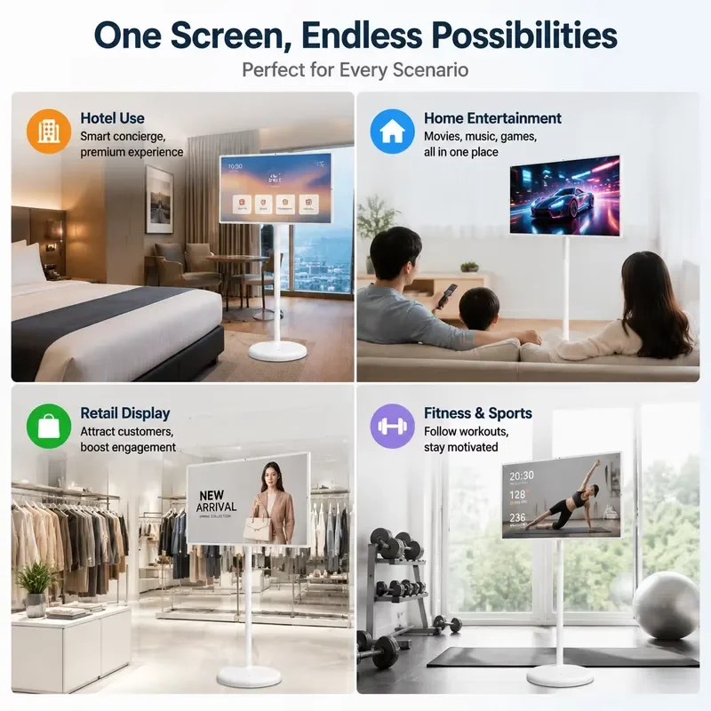 BOLRZO Portable Smart TV with Battery, Smart Android TV with Rotary Touch Screen Stand, Smart Android TV with Wheels, Home