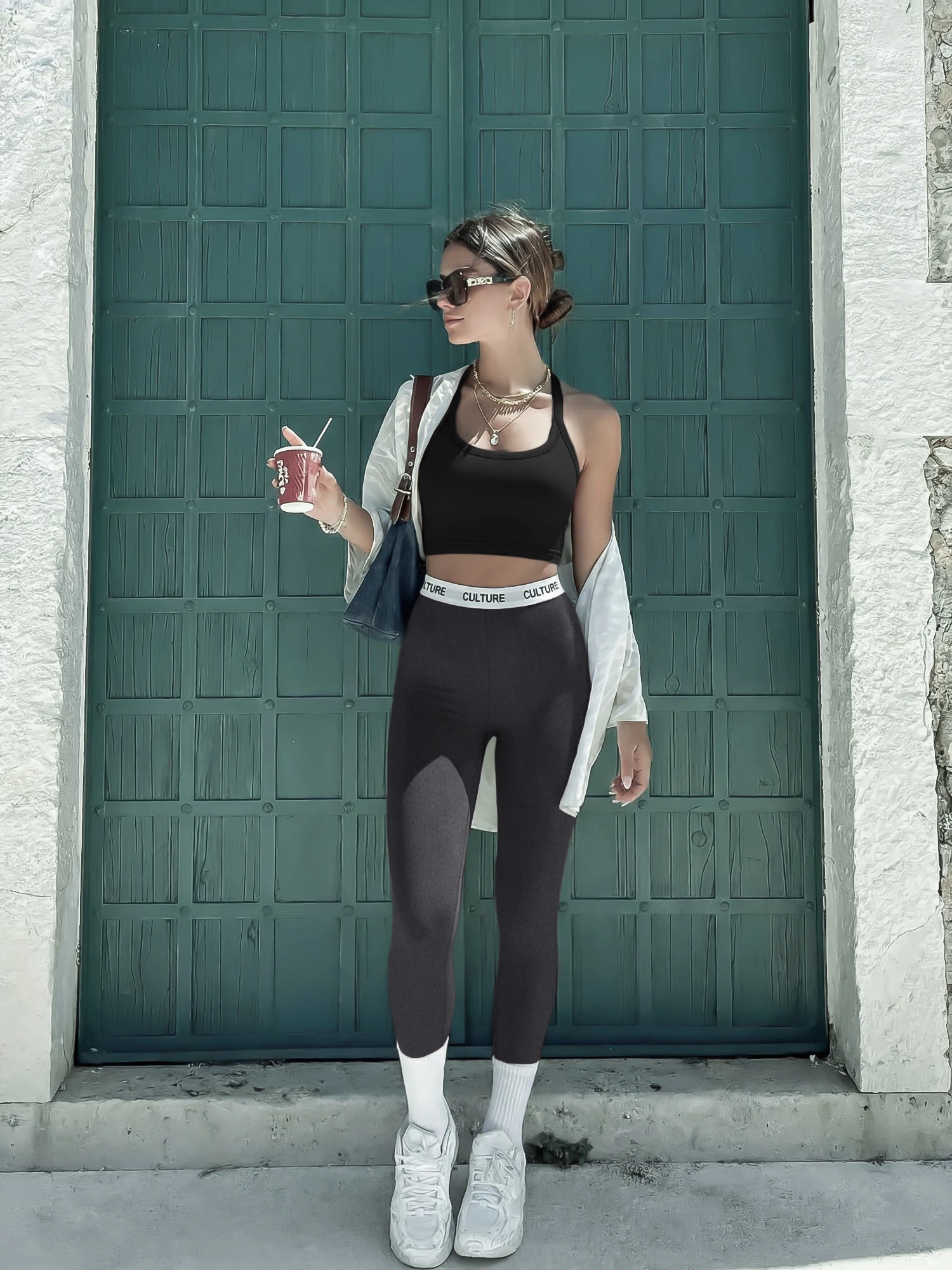 Athleisure Matching Set, Halter Cropped Tank Top, High Waist Letter Leggings, Spring Daily Street Leisure Outfit