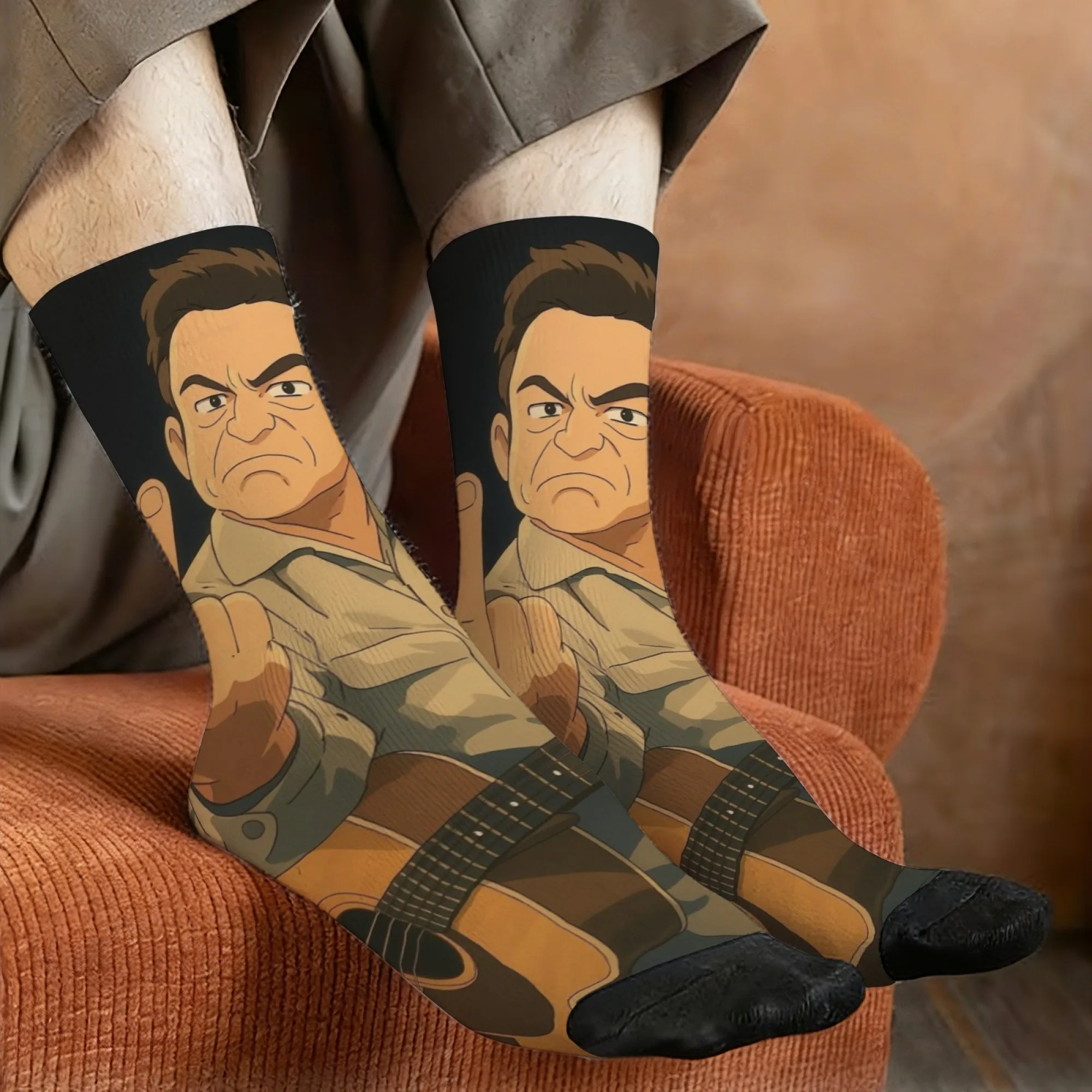 

Anime Rock Tough Guy Crew Socks, Cartoon Guitarist Print Socks, Gift for Anime Fans & Rock Music Style Enthusiasts