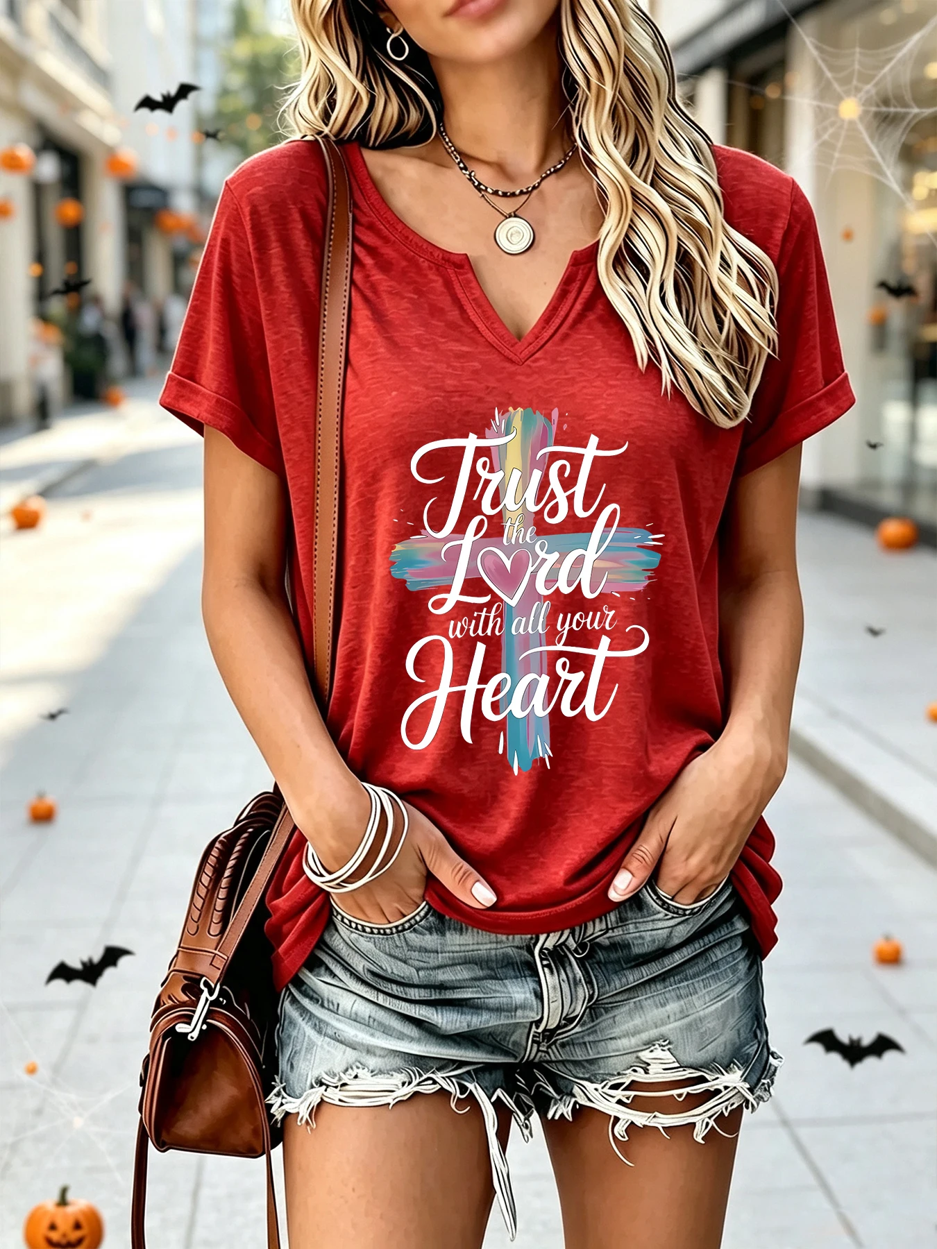 Watercolor colored cross religious English printed ragged V-neck long-sleeved short-sleeved T-shirt for women