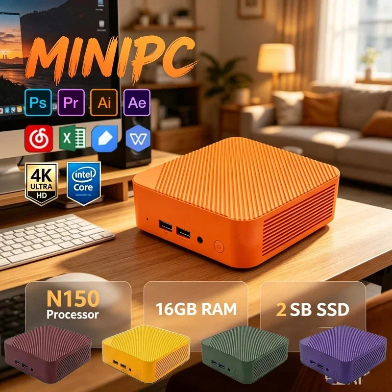 Orange Intel N150 Mini PC,16GB RAM 2TB NVMe SSD,Win11 WiFi6 BT5.2 4K Workstation for Multitasking,Home Office & Video Editing