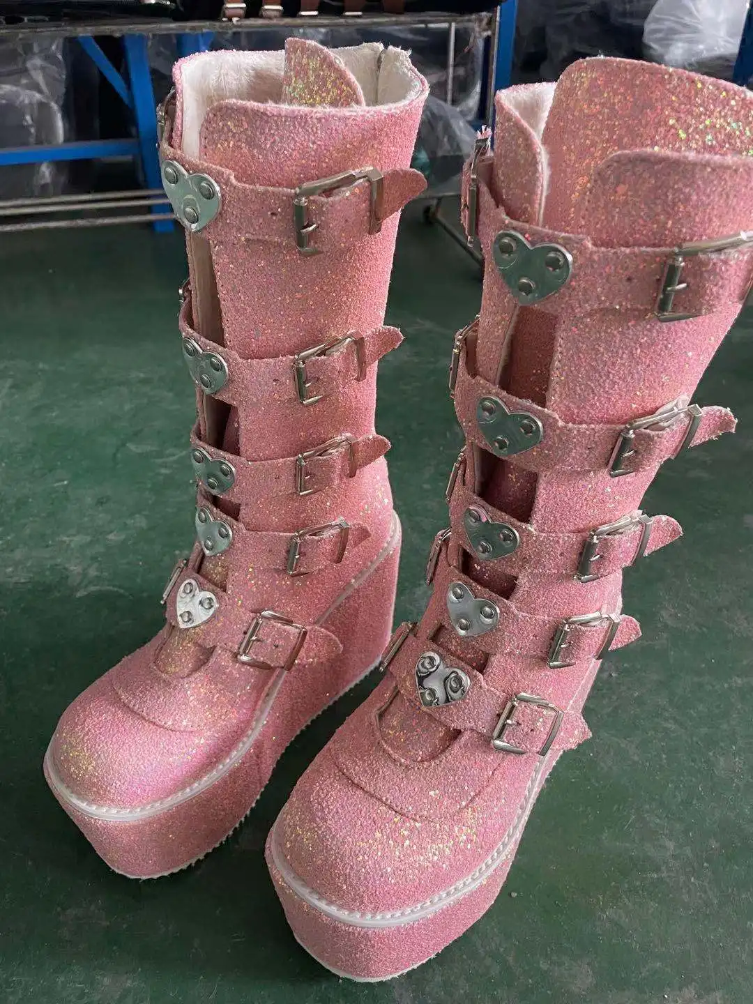 2021 Brand Fashion Gothic Street Cool Wedges Woman Shoes Buckles Big Size 43 Glittered Pink Chunky Platform Motorcycles Boots