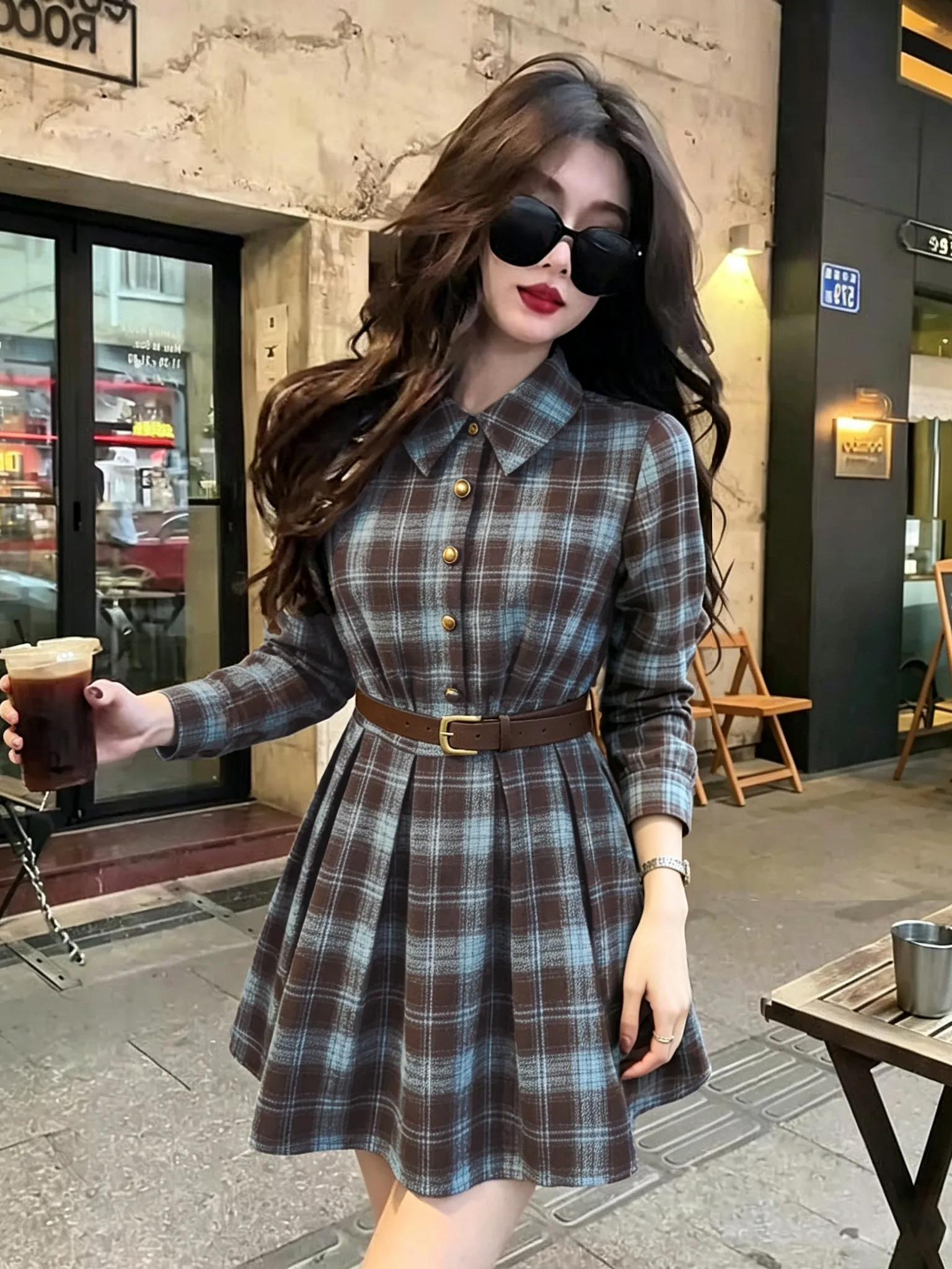 Date Night Plaid Shirt And Belt Two-Piece Set Korean Style Autumn Design Sense Top And Skirt Ensemble Long Sleeve Turn-down C...