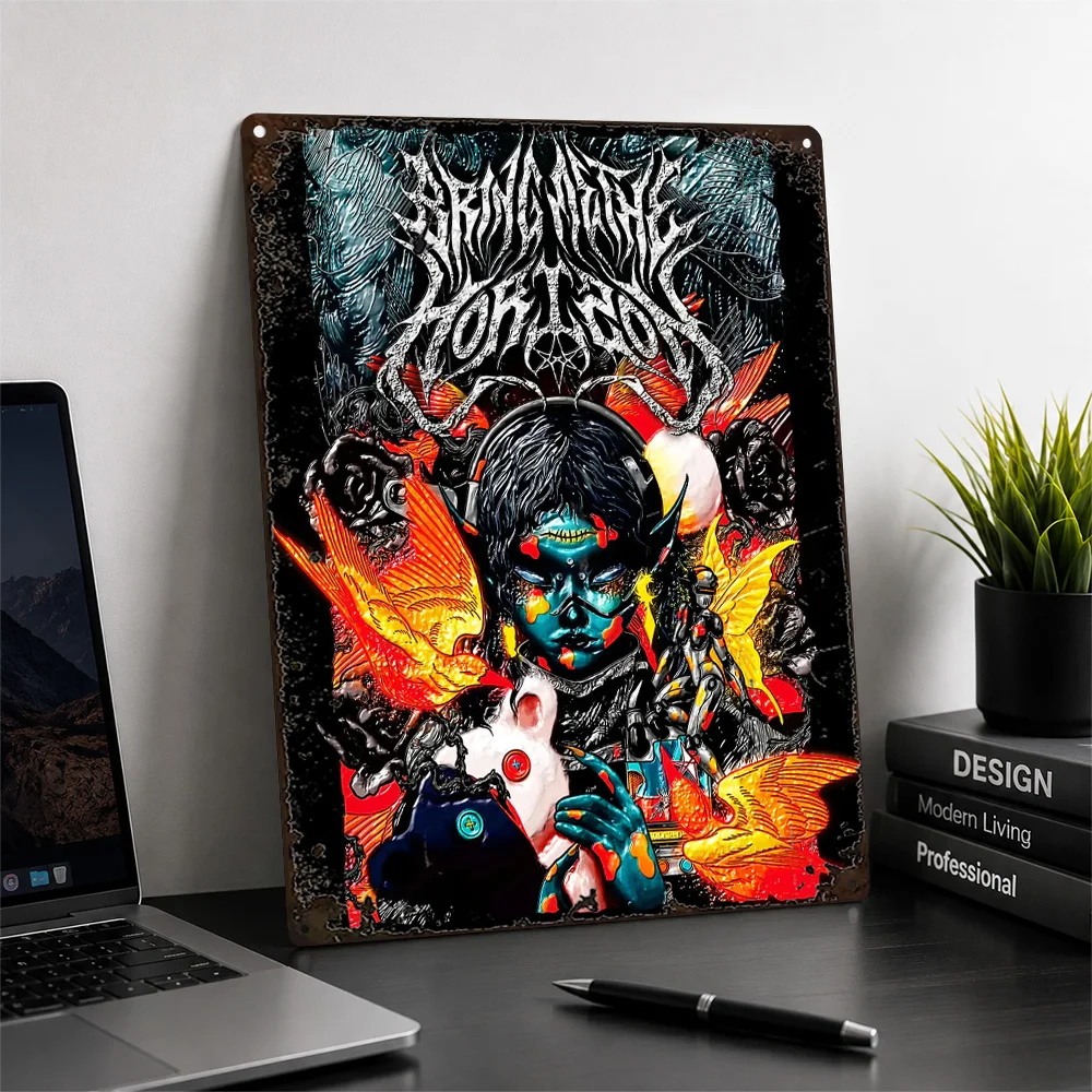 Bring Me The Horizon Masked Figure Textured Metal Poster Graphic Wall Art For Bedroom Personalized Aluminum Sign Band Fan Gift