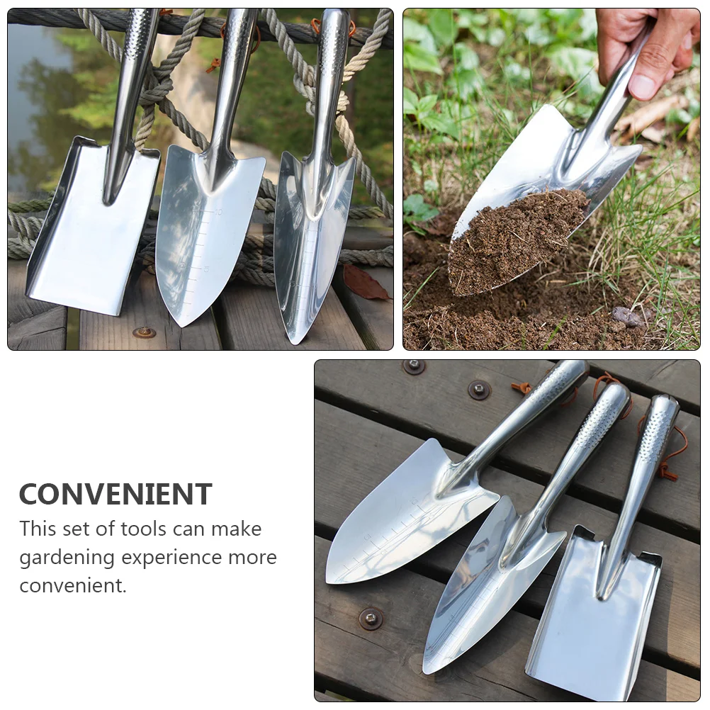 

3pcs Stainless Steel Garden Tools Set Durable H Shovels Portable Shovel Suite for Gardening Beach Large Small Anti Rust No