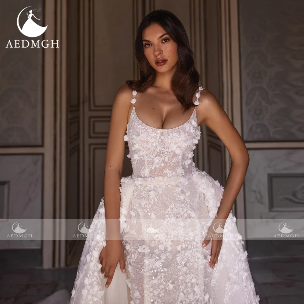 Aedmgh sereia vestidos de casamento recortados cintas de espaguete vestido de novia 3d flores trem destacável feito sob encomenda vestido de noiva