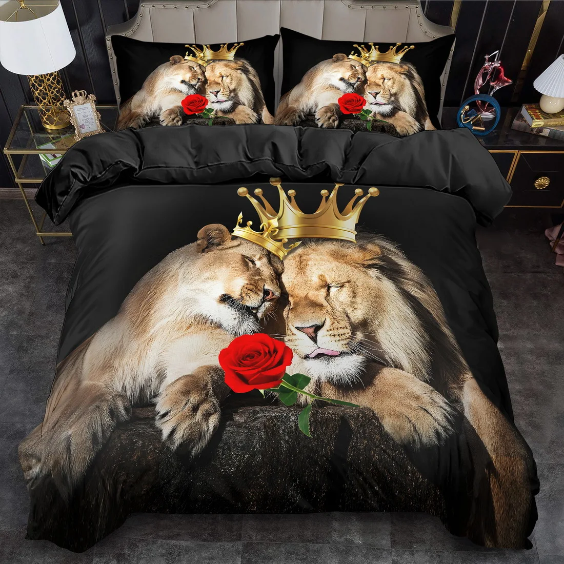 

Romantic Lion Rose Print Duvet Cover Set King Queen Size Bedding Machine Washable Quilt Decoration Bedroom Birthday Gift
