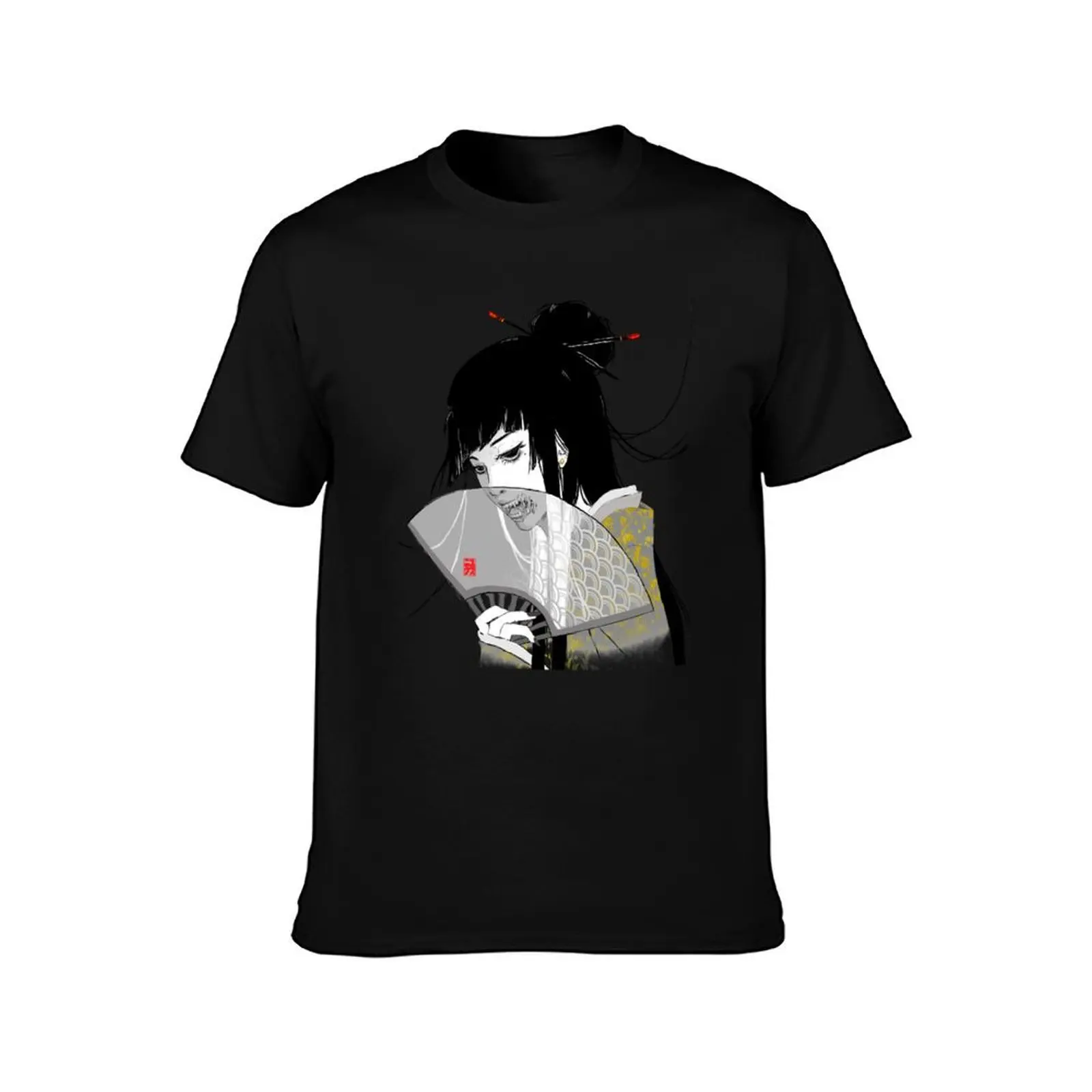 Creepy Geisha T-Shirt, Summer Casual Cotton Tee, Oversized Streetwear Tops, Vintage Graphic Print, Loose Fit Short Sleeve
