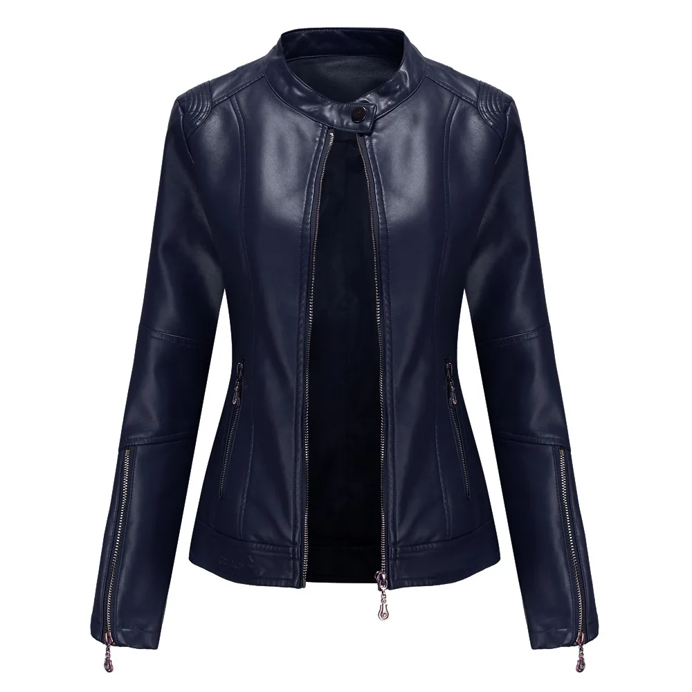 Women\'s Leather Jacket PU Leather Short Coat Stand Collar Jacket Women\'s Spring Autumn Thin Leather Jacket Hidden Blue Coats