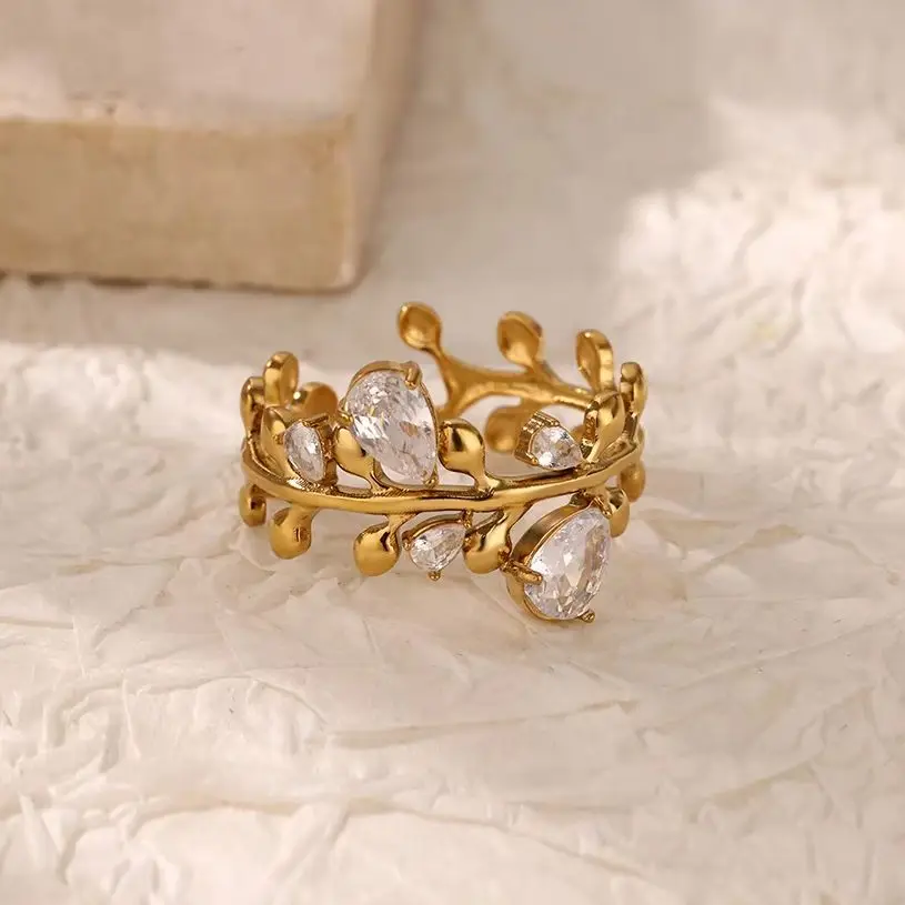 Fashion Zircon Leaves Rings For Women Gold Color Stainless Steel Leaves Ring Couple Wedding Minimalist Jewelry anillos mujer - Image 3