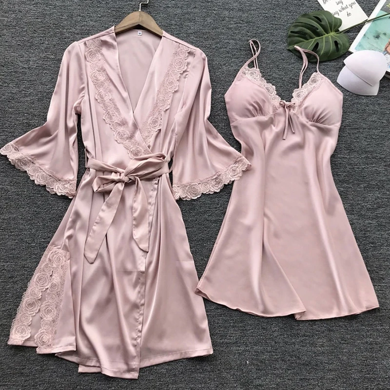 Women\'s Sexy Sleepwear Lingerie Lace Pajamas Robe Set V-Neck Collar Casual Underwear Nightdress