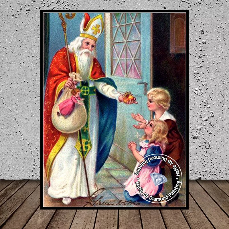 Vive Saint Nicholas With Children Diamond Painting AB Drills Christians St Nicholas Day Decor Cross Stitch Santa Claus Wall Art