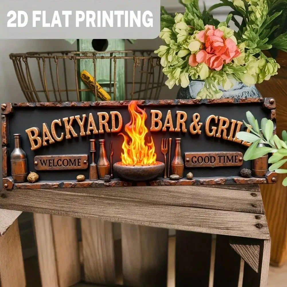 2D Flat, Rustic Backyard Bar & Grill Aluminum Wall Sign - Vintage  Metal Decor With Welcome Good Time