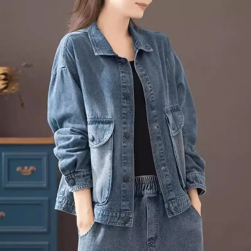 Casual Denim Jackets For Women Fashion Turn-down Collar Streetwear Solid Single-breasted Jeans Coats Spring Autumn 2025