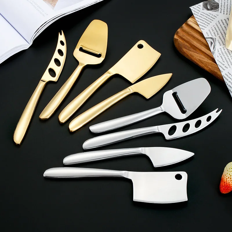 Cuchillo de queso de acero inoxidable, esparcidor de mantequilla multiusos, cuchillo para queso, rebanador, pulido de espejo, juego de utensilios para queso, raspador de pan y Pizza