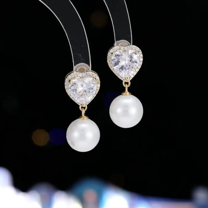 Purple heart-shaped zircon stud s925 silver needle sweet pearl fashionable and elegant high-end earrings