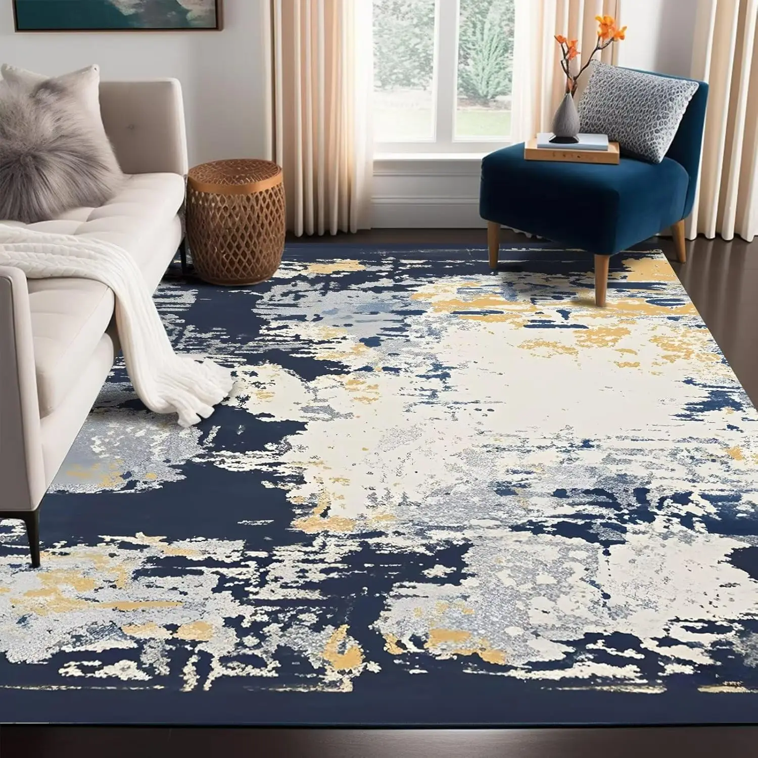 Modern Blue Gold Abstract Area Rug for Living Room and Bedroom, Soft Navy Blue and White Carpets for Girls Boys, Contemporary